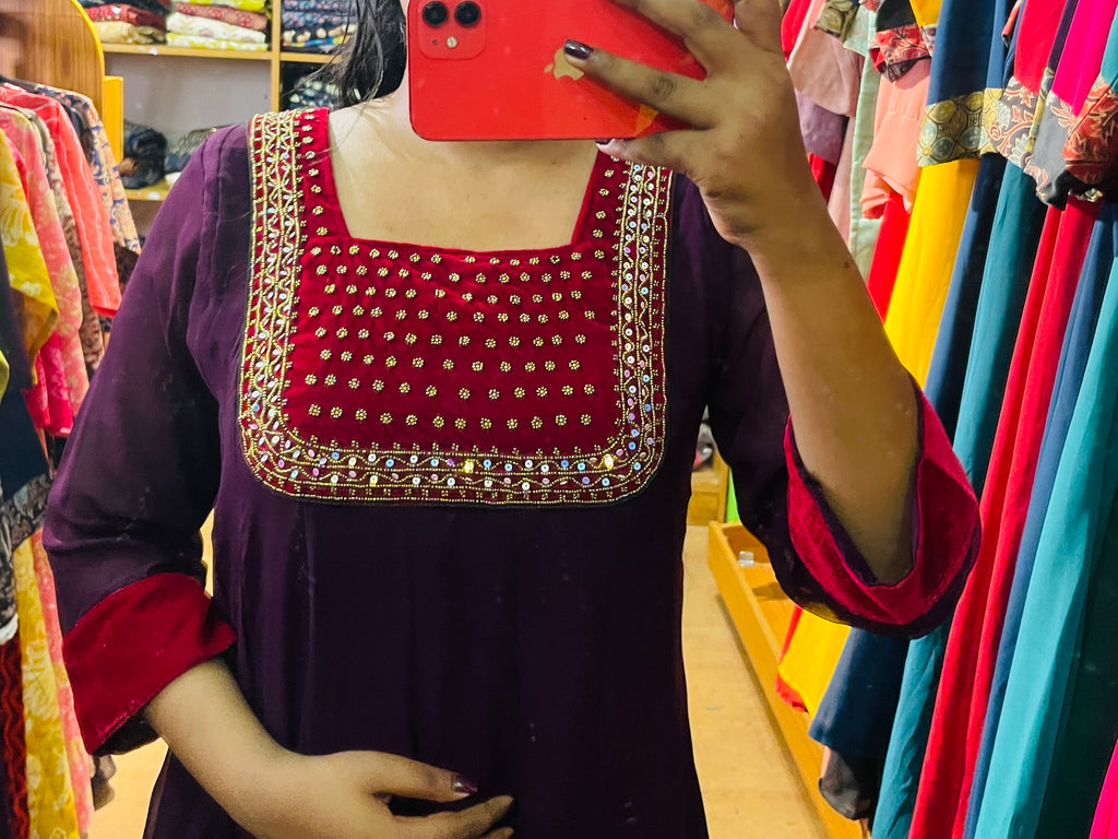 Purple Handworked Panel Cut Kurti