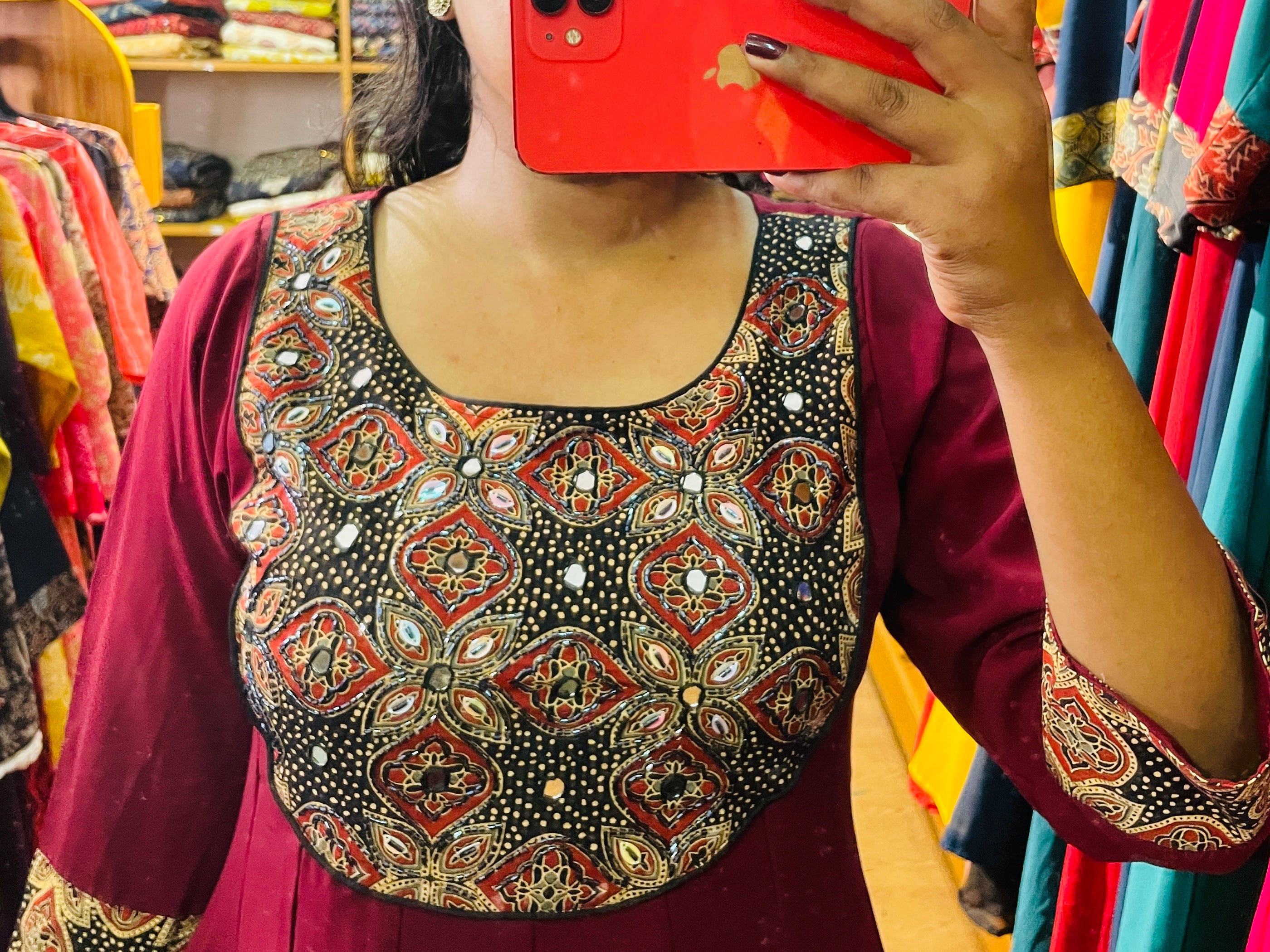 Maroon Handworked Panel Cut Lycra Kurti