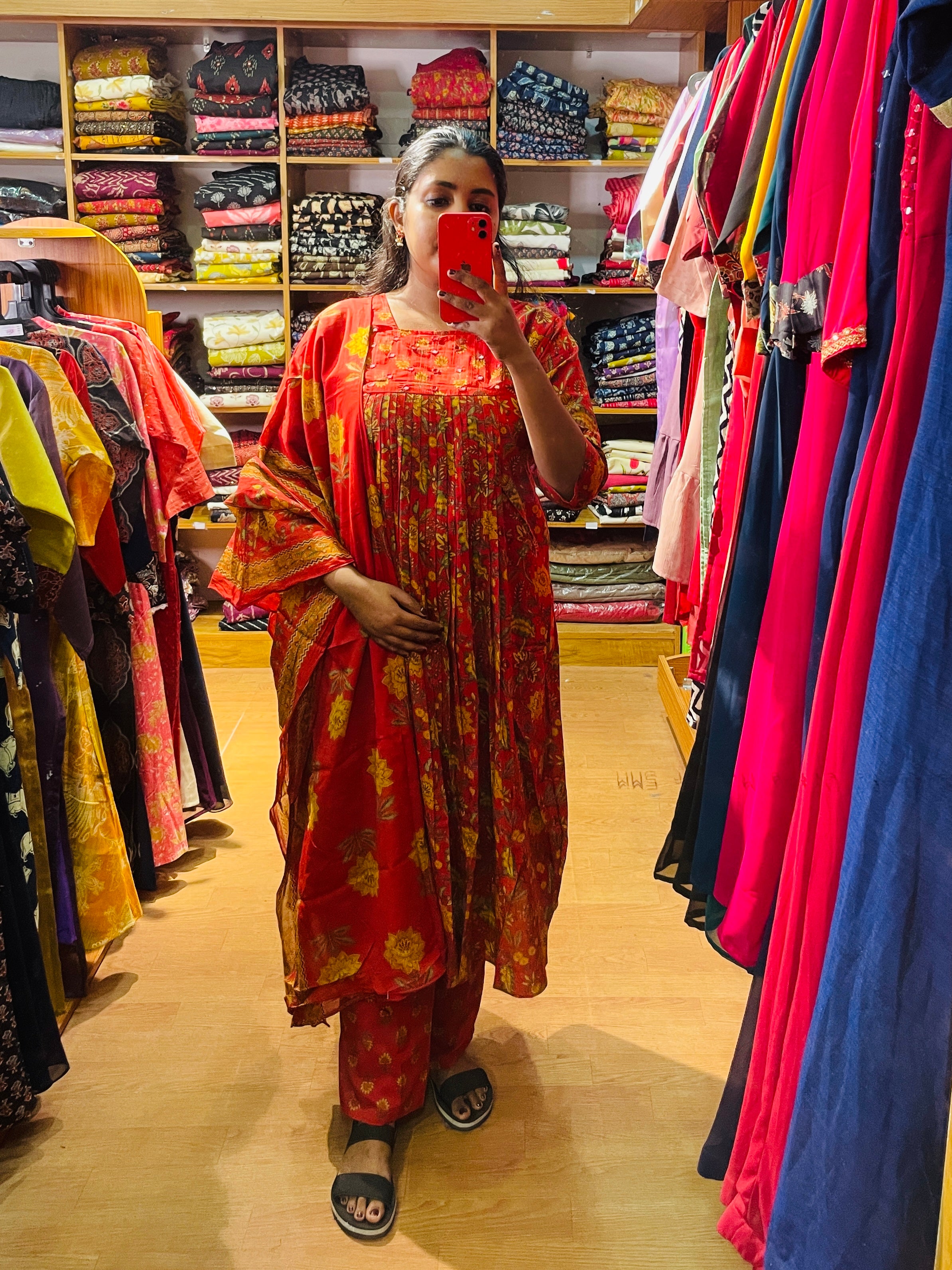 Kasturi red printed cotton 3-piece set with handworked yoke