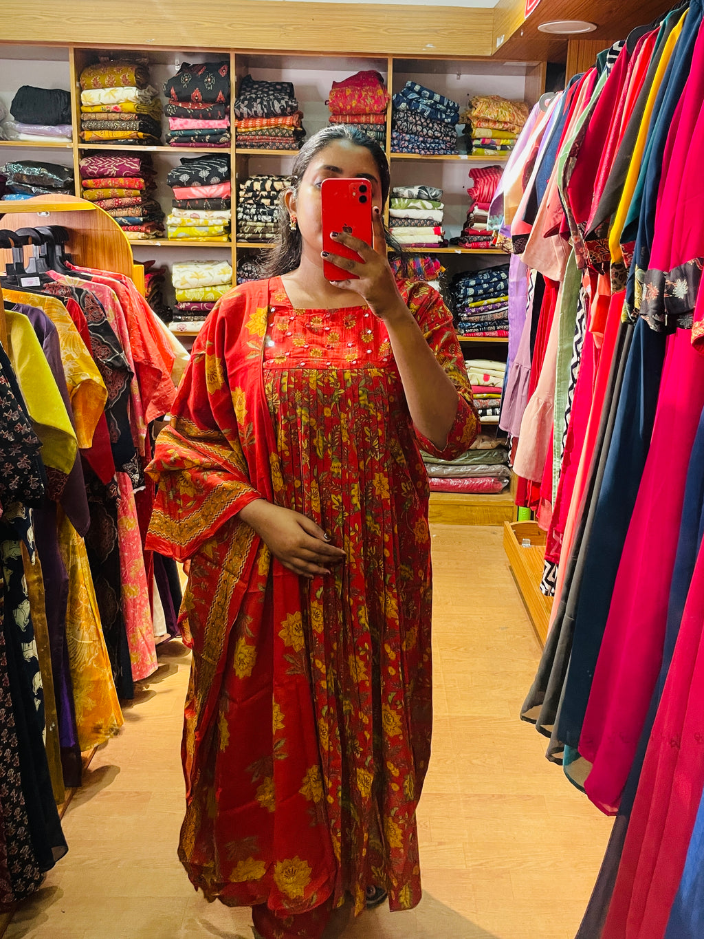 Red cotton ethnic set with front-gathered top matching pants and dupatta
