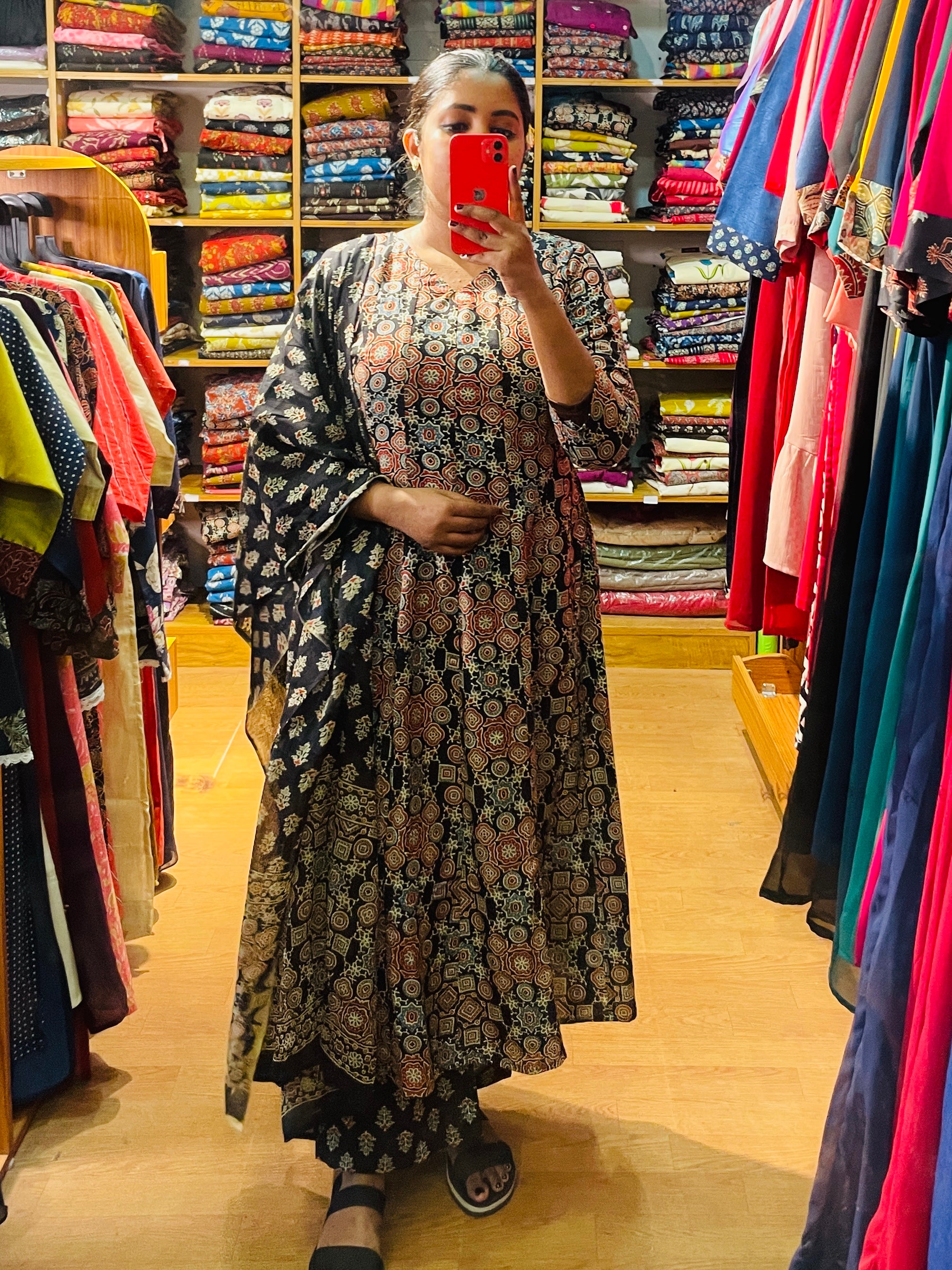 Kajal black Ajrakh printed cotton panel cut 3-piece set with kurta pants and dupatta