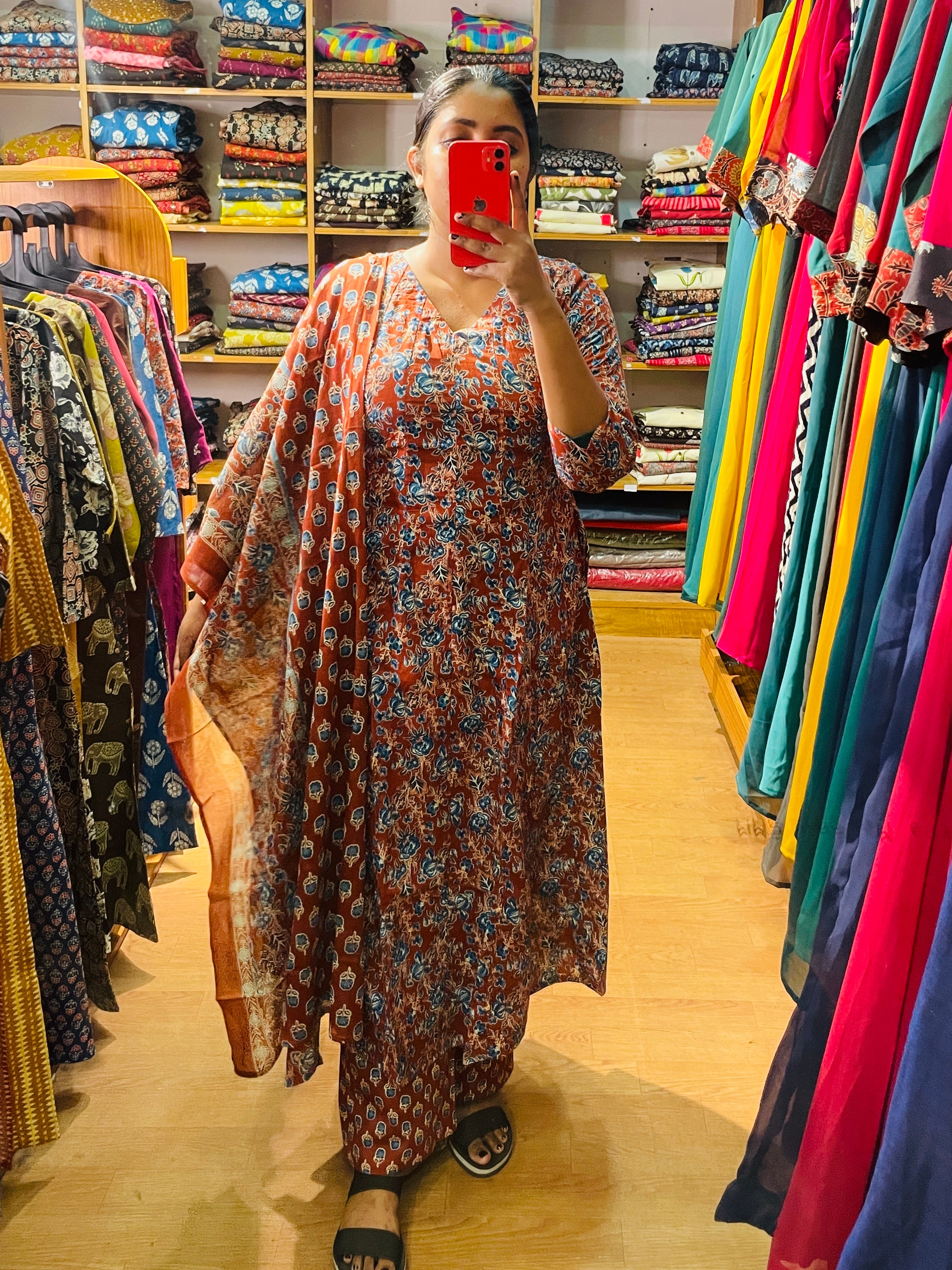 Manjari red floral cotton panel cut 3-piece set with kurta straight pants and matching dupatta