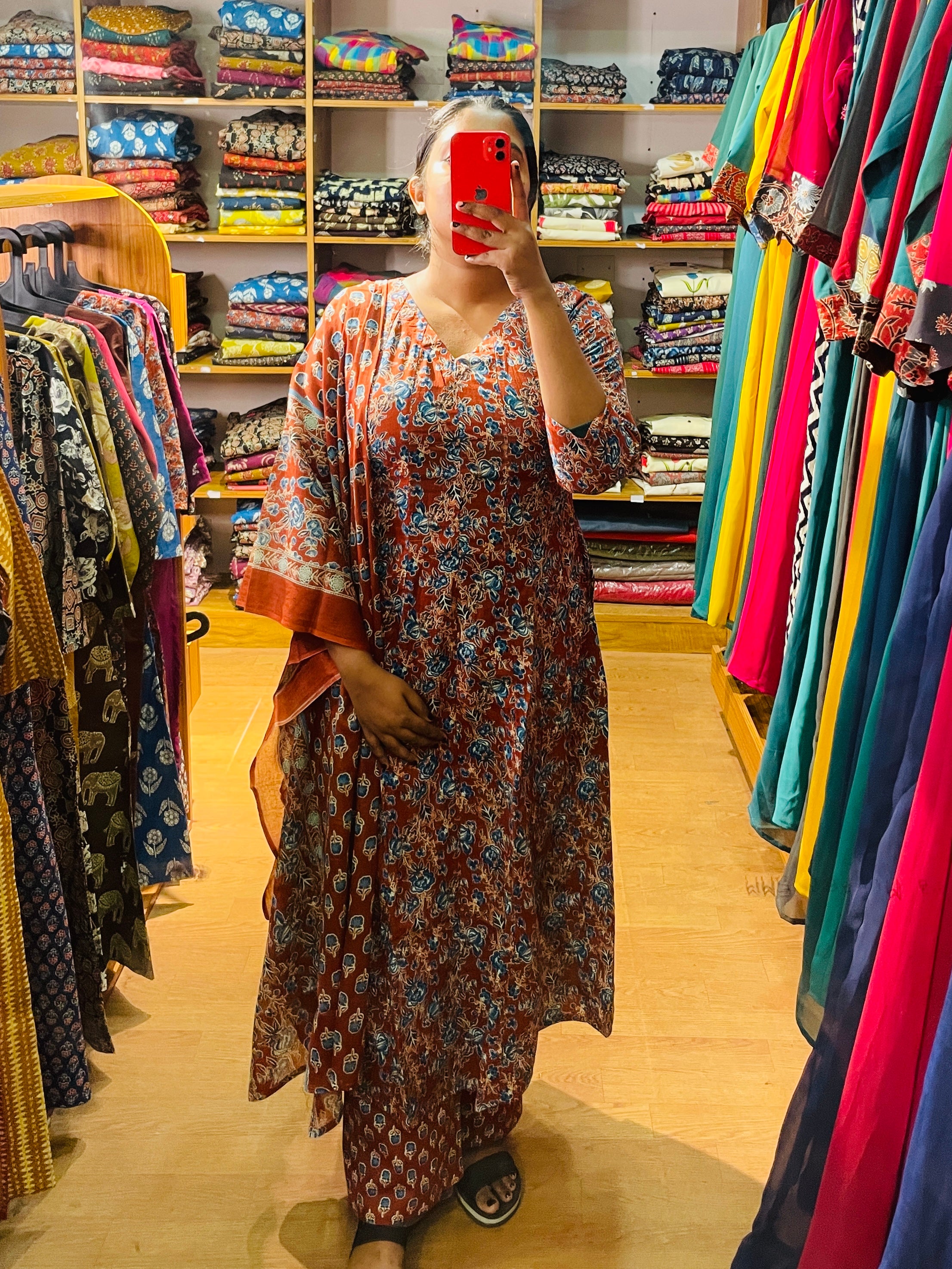 Manjari red floral cotton panel cut 3-piece set with kurta straight pants and matching dupatta