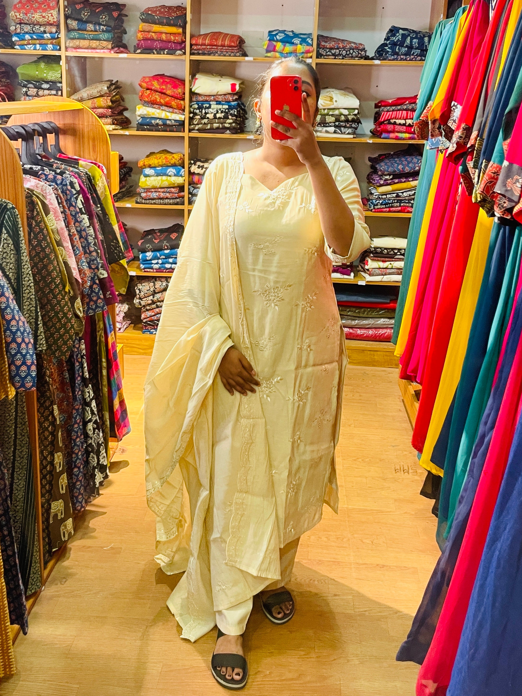 Cream Chanderi 3-piece ethnic set with side-slit top matching bottom and dupatta