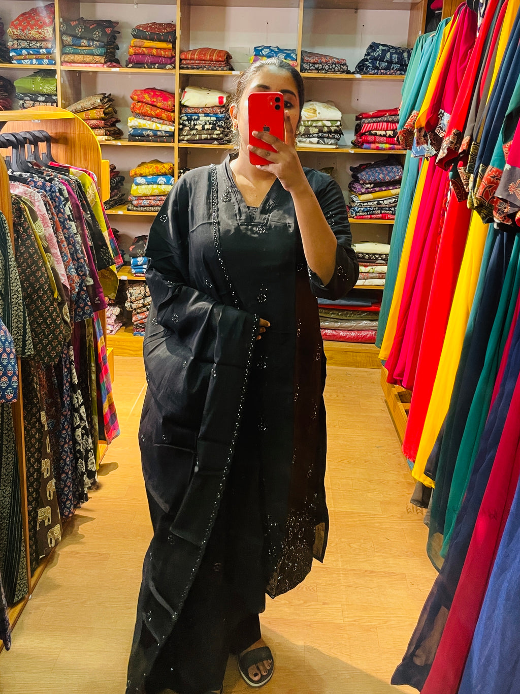 Pranavi black embellished kurta set with matching sheer dupatta