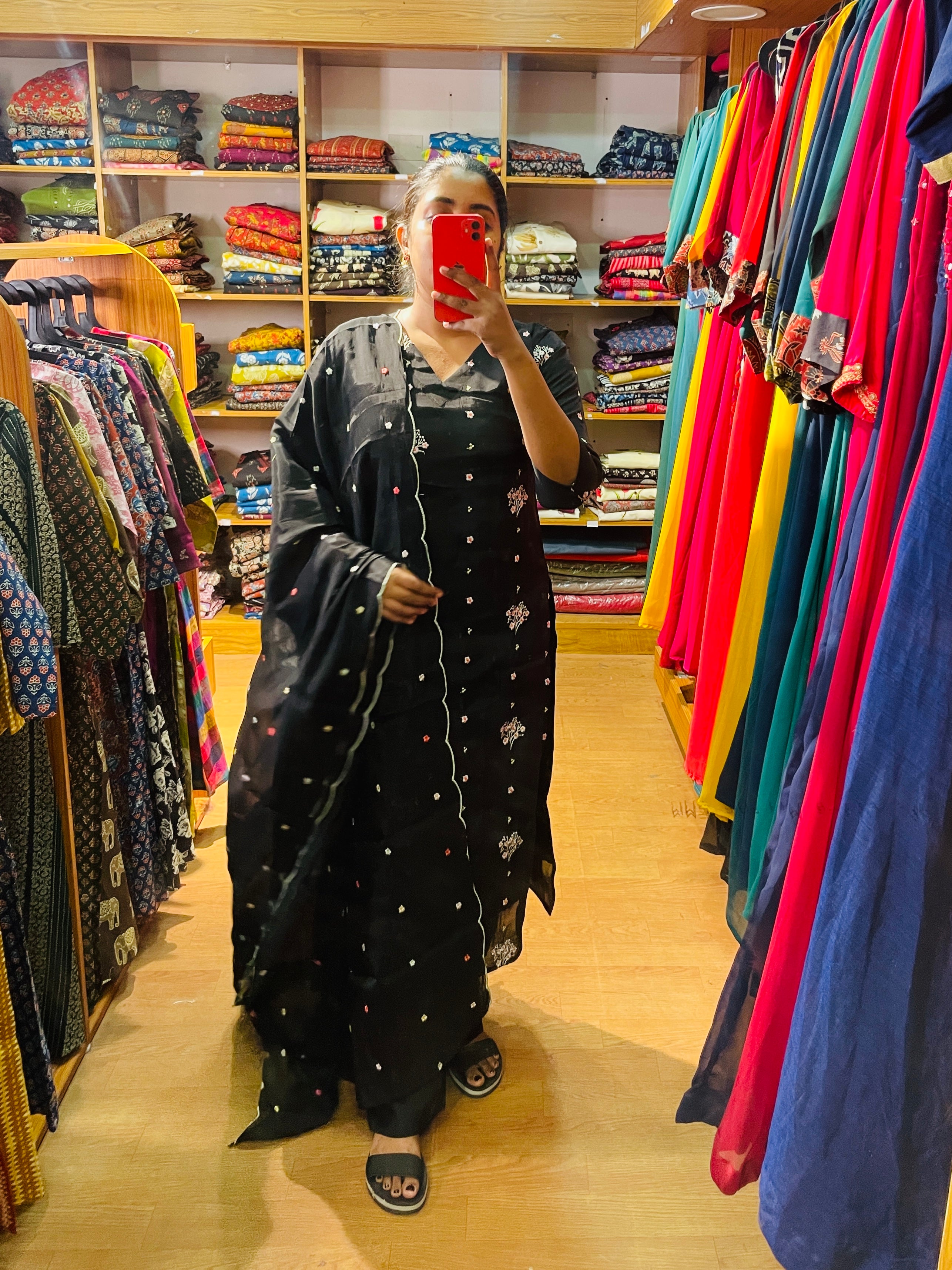 Suhana black Mal Chanderi 3-piece set with hand embroidered top and dupatta