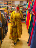 Kasturi mustard yellow printed cotton 3-piece set with handworked yoke