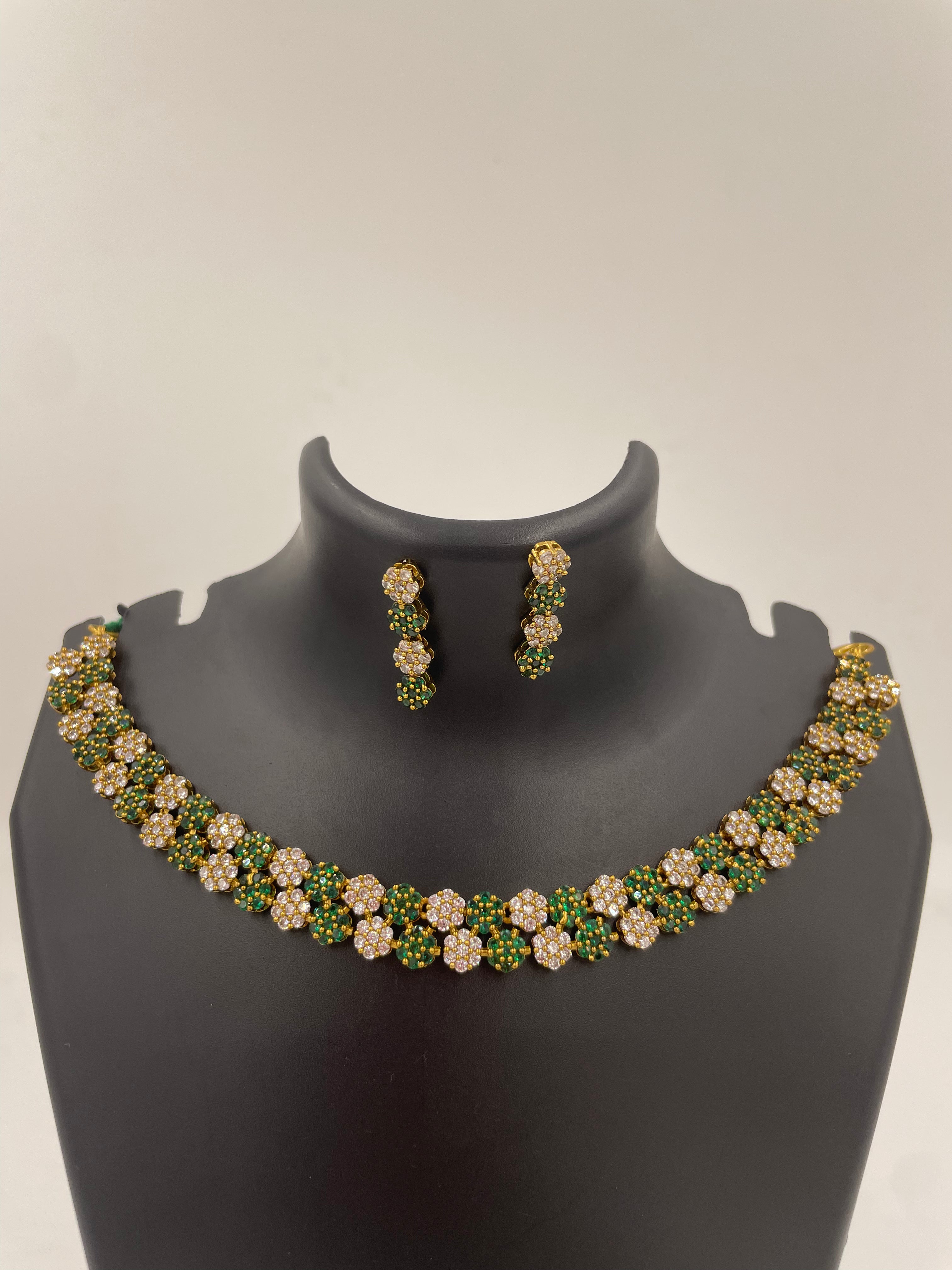 Diva Green Bloom necklace set with green and white AD stones and matching earrings