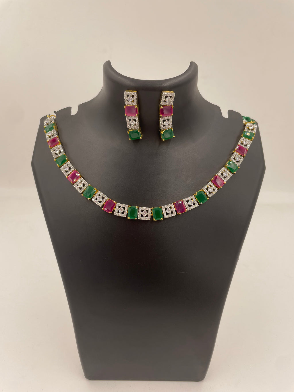 Green and pink stone necklace with white AD accents and matching earrings