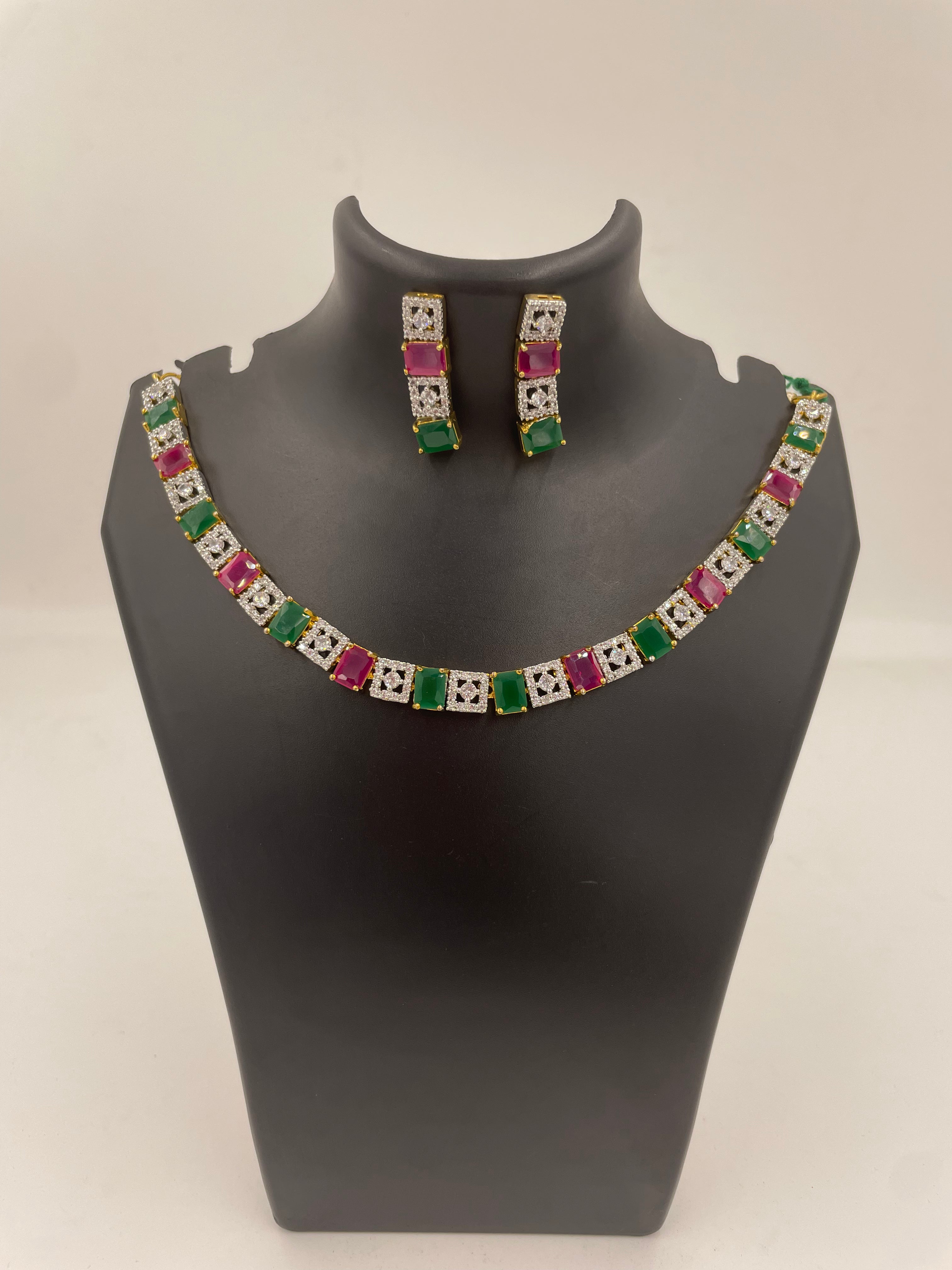 Green and pink stone necklace with white AD accents and matching earrings