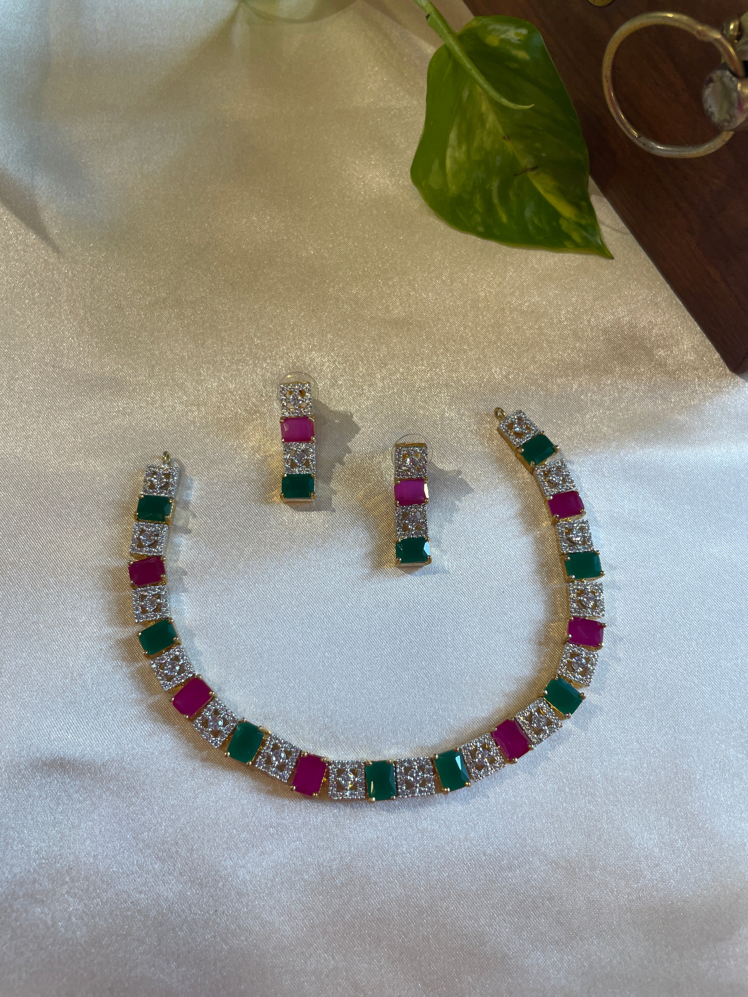 Green and pink stone necklace with white AD accents and matching earrings