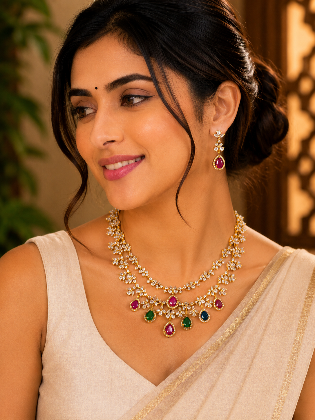 Aadhira Pink & Green Stone Necklace Set