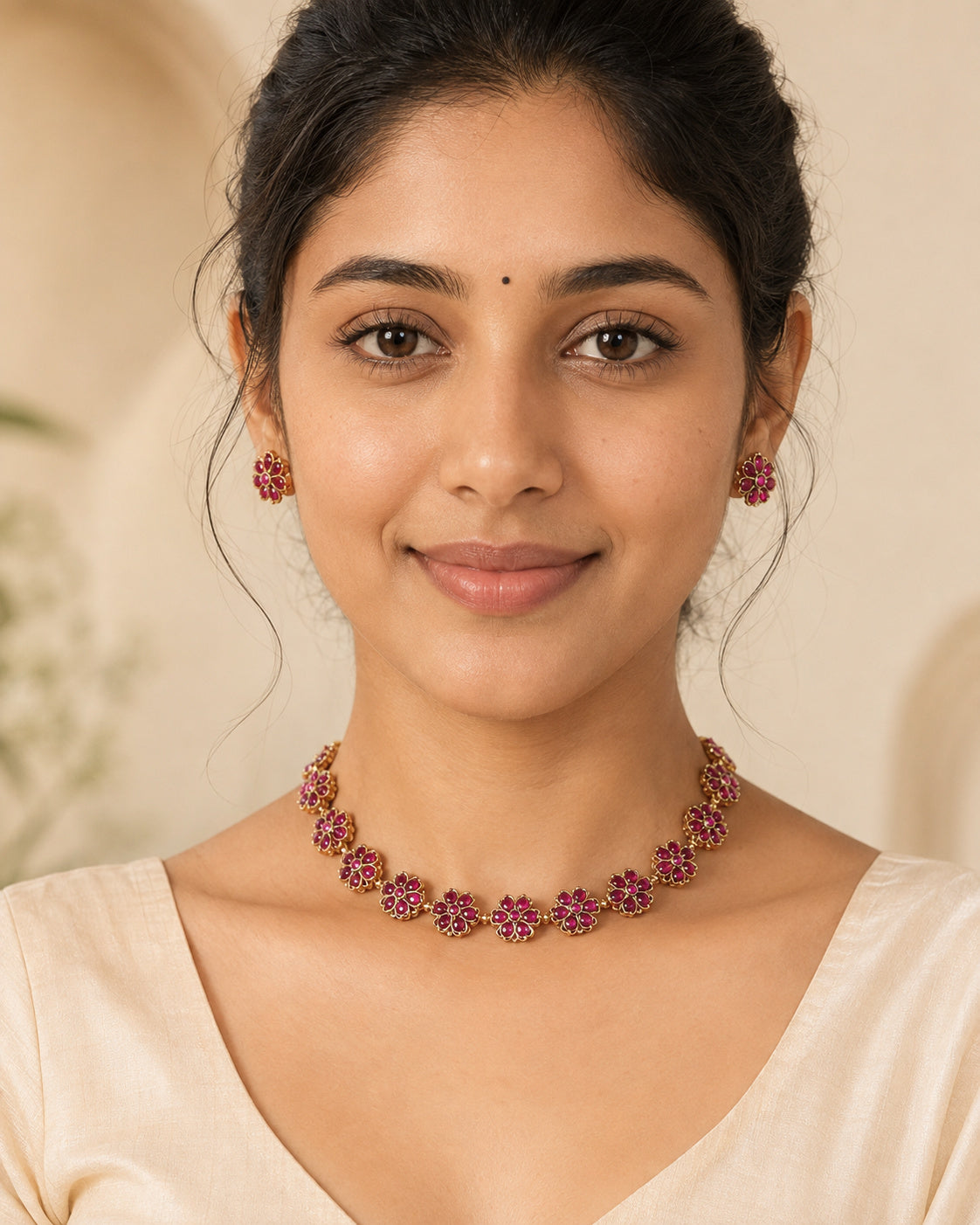 Kusuma gold-tone floral cluster choker with pink stone details and matching floral stud earrings.